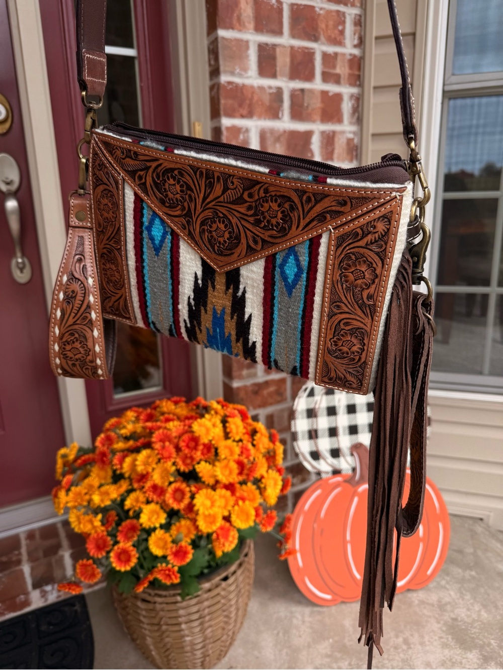Genuine Tooled Leather Western Fringe Crossbody Bag